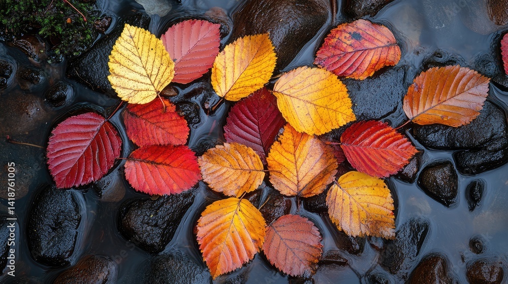 Autumn leaves floating on stream, rocks, nature Autumn leaves floating on stream, rocks, nature
