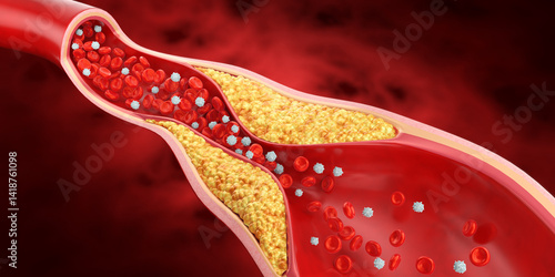 3d illustration of red blood cells, Hyperlipidemia or arteriosclerosis, Cholesterol plaque in the artery