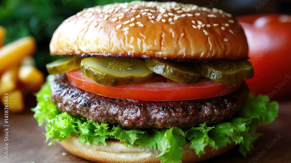 A classic diner-style burger with lettuce, tomato, pickles, and a tangy secret sauce. A classic diner-style burger with lettuce, tomato, pickles, and a tangy secret sauce.