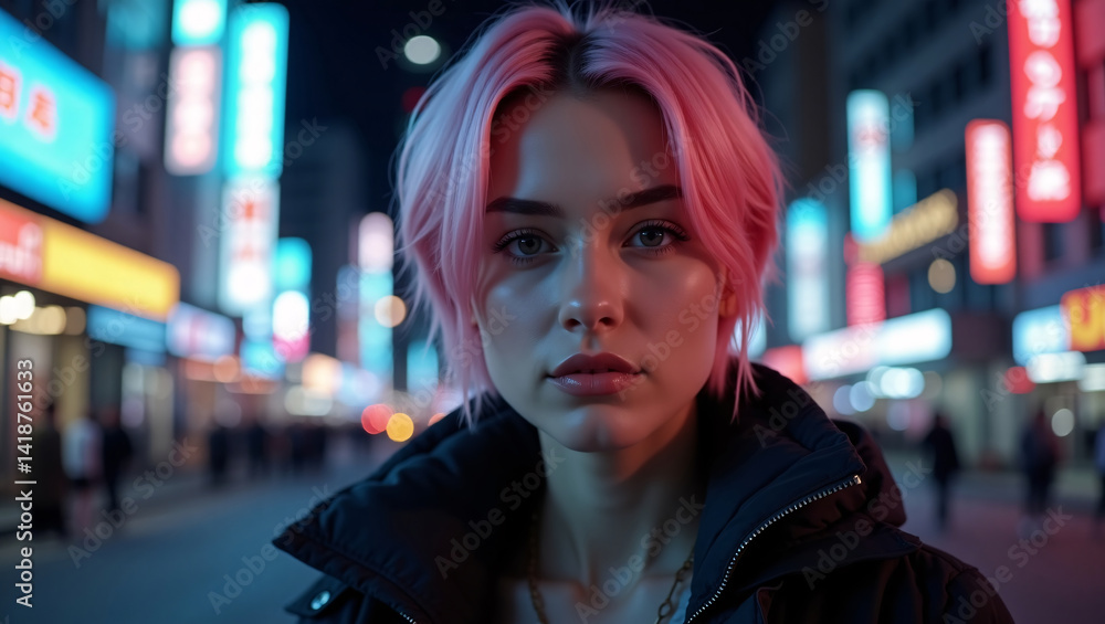 A captivating portrait of a woman with pink hair in a city street setting with the neon lights at night. The woman has a serious expression and looking straight into the camera. A captivating portrait of a woman with pink hair in a city street setting with the neon lights at night. The woman has a serious expression and looking straight into the camera.