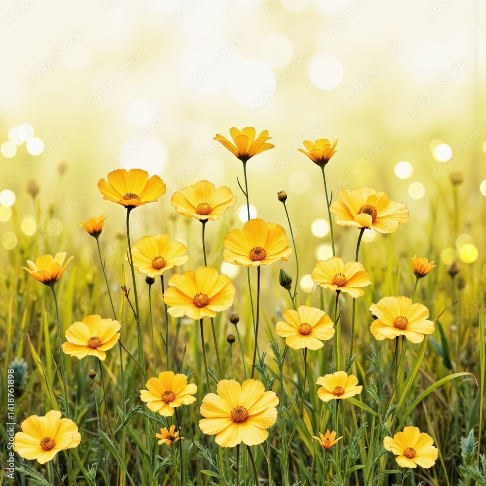 Fototapeta premium Vibrant yellow flowers blooming in a sunny meadow background 