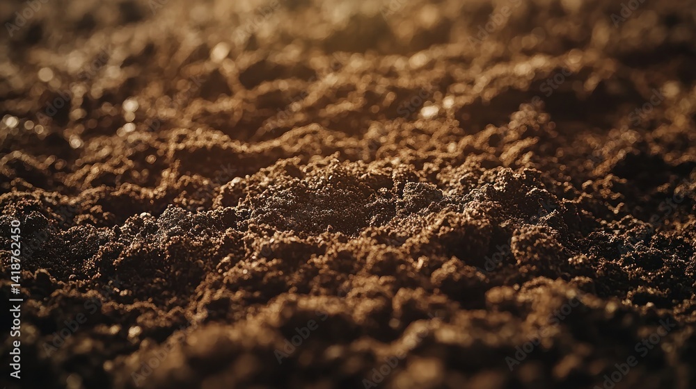 Close-up view of fertile soil, rich in nutrients. Detailed texture, showing small clumps and variations in color Close-up view of fertile soil, rich in nutrients. Detailed texture, showing small clumps and variations in color