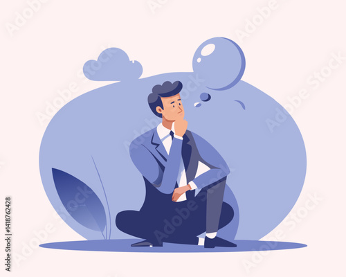 Think of solution, critical thinking to solve problem, focus on new idea, concentration or contemplation, skeptical or rational concept, thoughtful businessman sitting like thinker on thinking bubble
