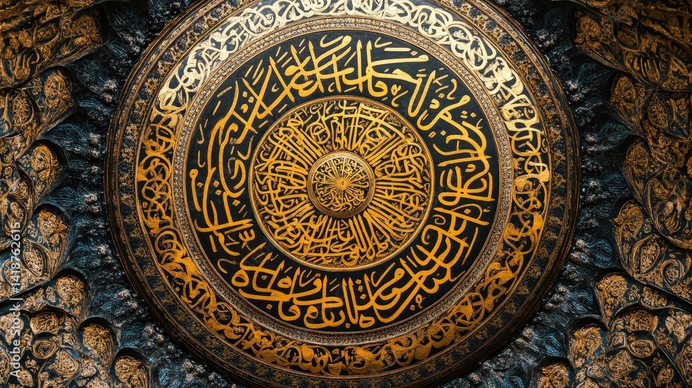 A close-up of a mosque dome adorned with golden Arabic calligraphy. A close-up of a mosque dome adorned with golden Arabic calligraphy.
