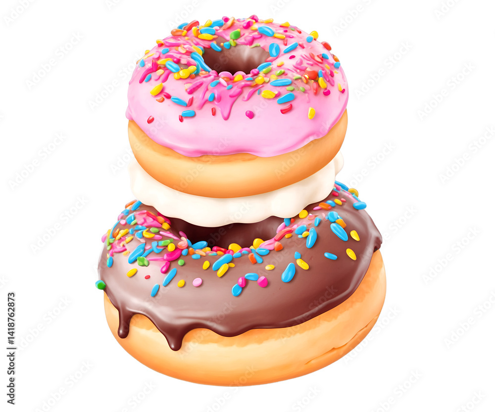 Delicious Donut Tower Illustration, A Stack of Whimsical Donut Ice Cream Sandwiches Delightfully Topped with Colorful Sprinkles and Sweet Glazes Delicious Donut Tower Illustration, A Stack of Whimsical Donut Ice Cream Sandwiches Delightfully Topped with Colorful Sprinkles and Sweet Glazes