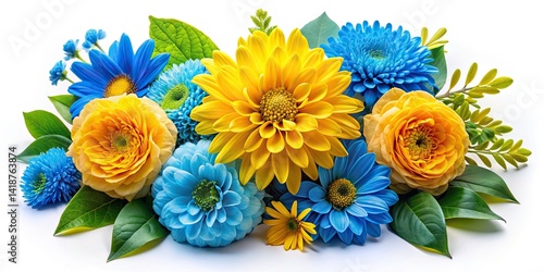 Vibrant Floral Design with Yellow Flowers and Blue Leaves on White Background for Product Photography