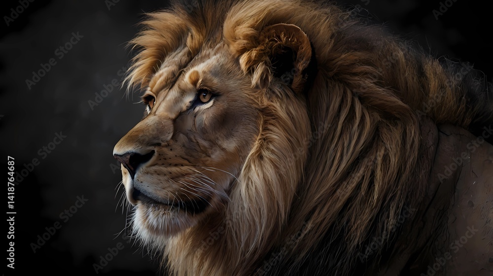 Fototapeta premium Lion Natural Habitat. A close-up portrait showing powerful features and a piercing gaze
