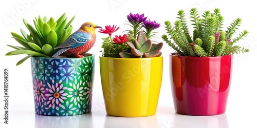 Vintage Colorful Planters with Birds: Modern Home Decor Photography