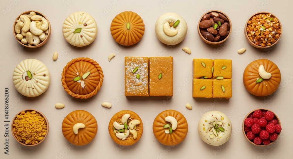 Assorted Indian sweets arranged artistically on a light background featuring nuts and dried fruits Assorted Indian sweets arranged artistically on a light background featuring nuts and dried fruits