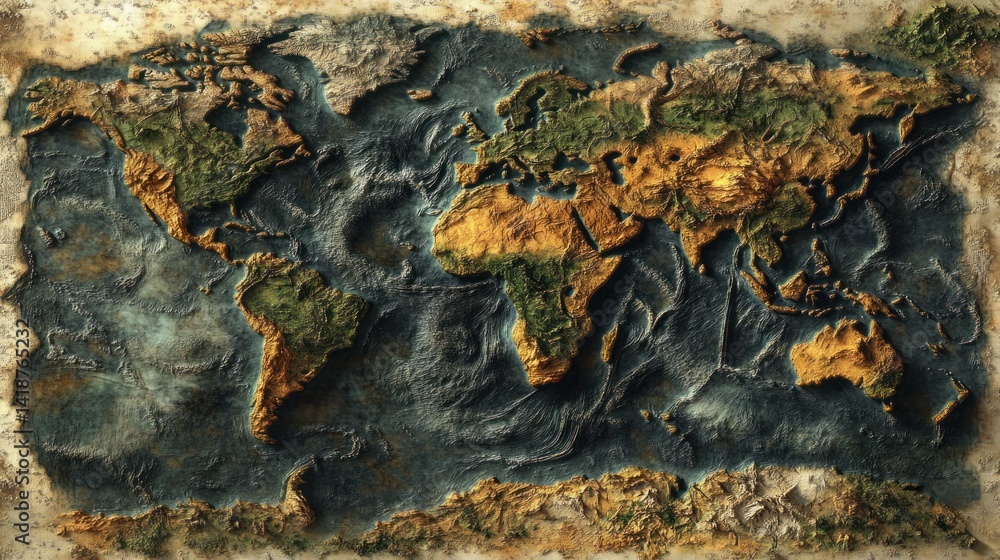 Naklejka premium Detailed world map, textured, vintage style
