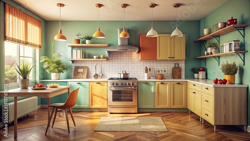 Vintage Style Modern Kitchen with Colorful Walls and Minimal Decor, Retro Aesthetic, Bright Interiors, Mid-Century Vibes, Cozy Cooking Space, Chic Design, Contemporary Comfort