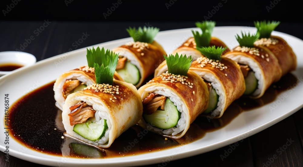 Delicious sushi rolls garnished with sesame seeds, cucumber, and herbs are artfully displayed on a ceramic plate with bowls of rice and cucumber slices in the background Delicious sushi rolls garnished with sesame seeds, cucumber, and herbs are artfully displayed on a ceramic plate with bowls of rice and cucumber slices in the background