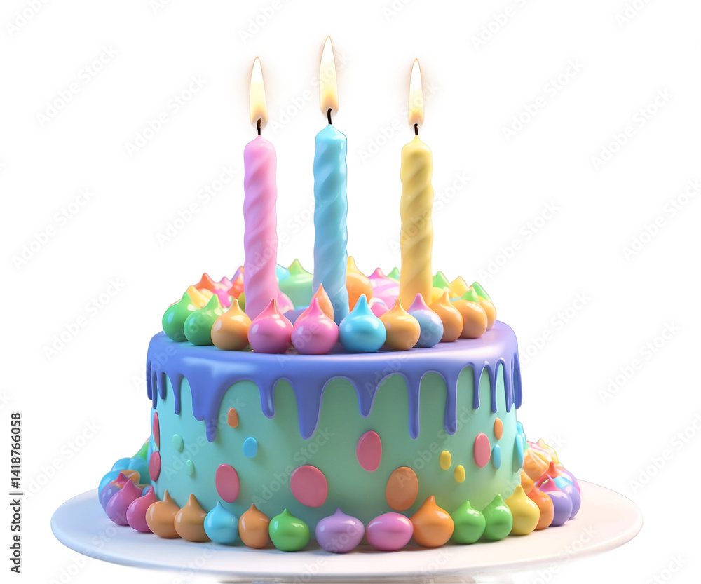 Delightful birthday cake illustration featuring vibrant colors and three lit candles, perfect for celebrating special occasions and conveying joy and happiness