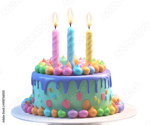 Obraz na płótnie Delightful birthday cake illustration featuring vibrant colors and three lit candles, perfect for celebrating special occasions and conveying joy and happiness w salonie