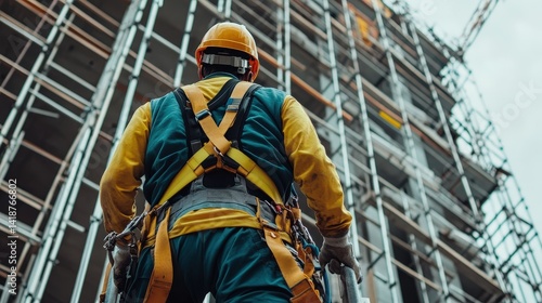 A construction supervisor checking safety harnesses before workers climb scaffolding