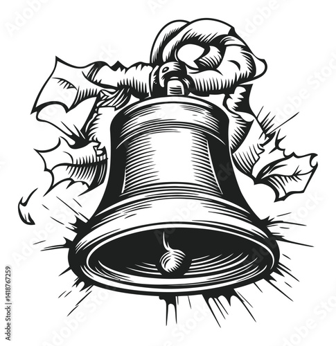 Classic Engraving of Christmas Bell with Holly Decoration