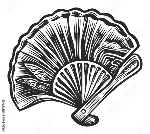 Elegant Woodcut of a Decorative Fan with Intricate Details