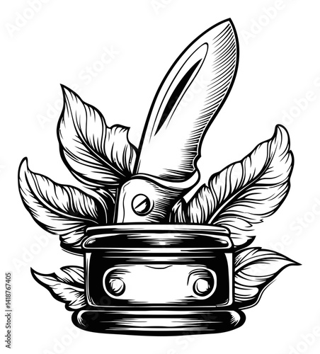 Vintage Engraving of Knife and Leaves in Artistic Woodcut Style