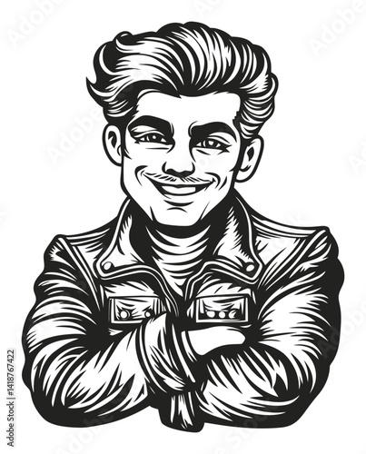 Vintage Style Engraving of a Confident Young Man in Jacket