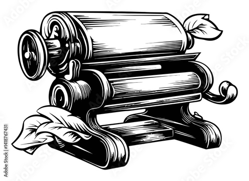 Vintage Woodcut Printing Press with Leaf Motifs in Black and White