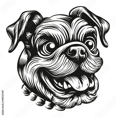 Black and White Engraved Illustration of a Happy Dog's Head