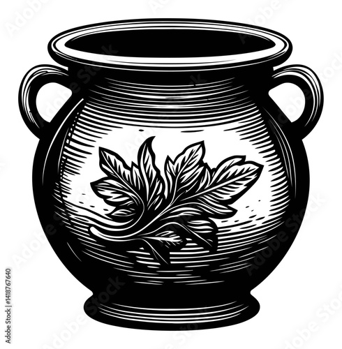 Detailed Engraving of a Decorative Pot with Leaf Design