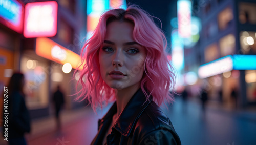 Pink-haired woman at night in the city. A young woman with pink hair  wearing a black leather jacket  stands in a city street at night  neon lights blurred in the background.