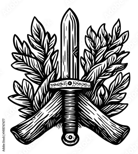 Engraved Sword and Branches Design for Vintage Illustration