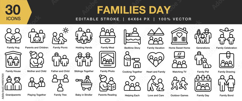 Fototapeta premium Families Day icon set. Editable Stroke Icon Collection. Includes family, child, happy, day, fun, love, father, and More. Outline icons vector collection.