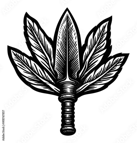 Black and White Engraved Illustration of a Leaf and Spear Design