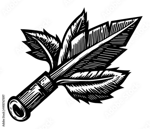 Engraved Knife with Leaves Design in Black and White Style