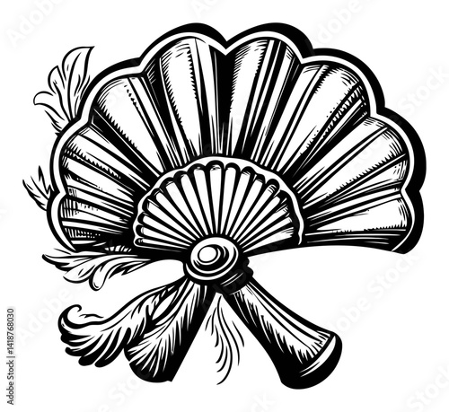 Vintage Engraved Hand Fan Illustration in Black and White Style