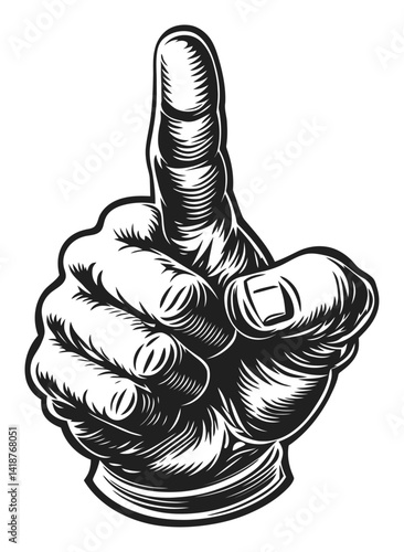 Detailed Engraving of a Pointing Hand in Black and White Style