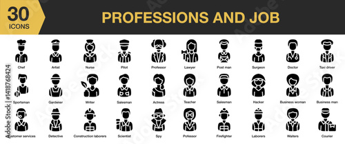 Professions And Jobs solid icon set. Includes teamwork, staff, team, communication, collaboration, diversity, and More. Solid icons vector collection