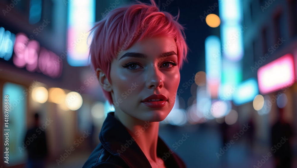 A woman stands confidently on the city street at night, illuminated by neon lights A woman stands confidently on the city street at night, illuminated by neon lights