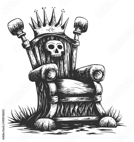 Ornate Skull Throne with Crown in Dark Woodcut Style Design