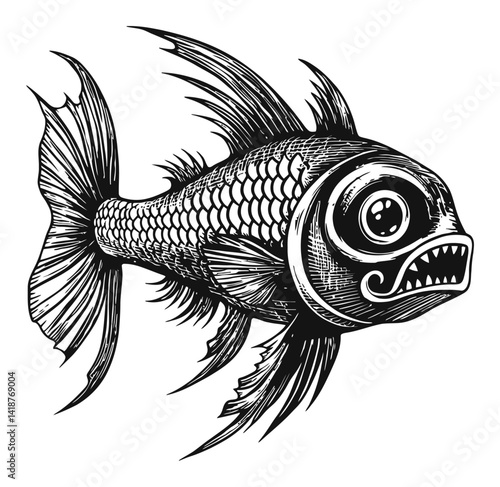Intricate Engraving of a Fierce Fish with Detailed Features