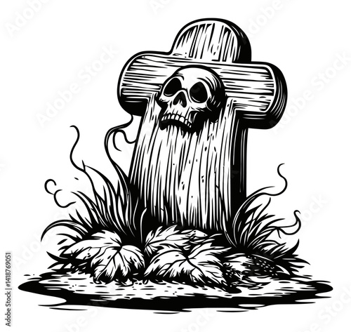 Scary Skull Grave Stone Engraving with Creepy Overgrowth Design