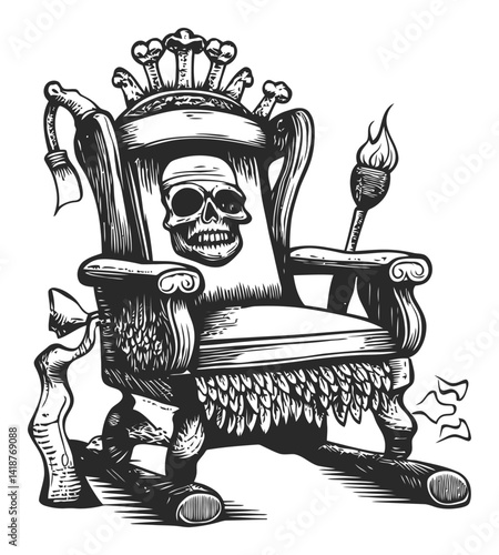 Intricate Woodcut Illustration of a Skull Throne with Crown Detail