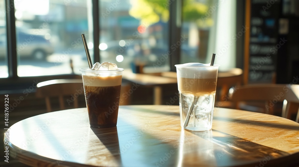 Two iced coffee drinks on a cafe table, sunlight streaming through window. Two iced coffee drinks on a cafe table, sunlight streaming through window.
