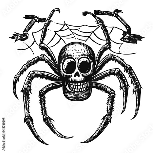 Skull Spider with Web and Gruesome Details in Vintage Style