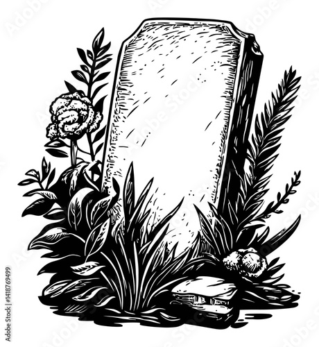 Vintage Engraving of a Gravestone Surrounded by Flora and Foliage