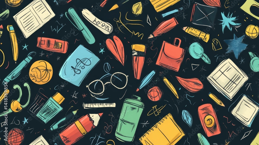 Back-to-school doodle seamless pattern with school supplies and creative elements Back-to-school doodle seamless pattern with school supplies and creative elements