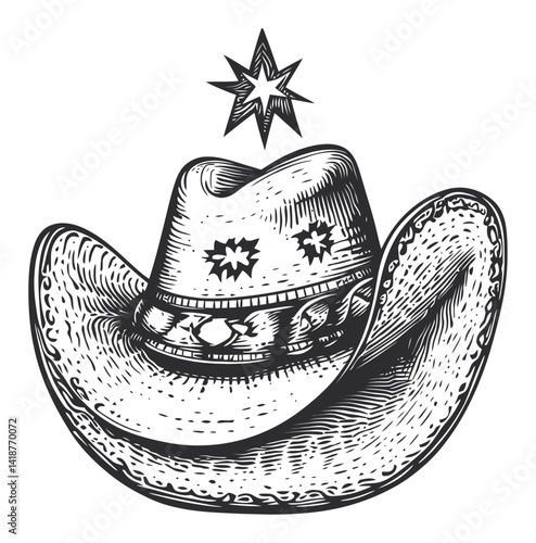 Vintage Cowboy Hat with Star Engraving in Black and White Style