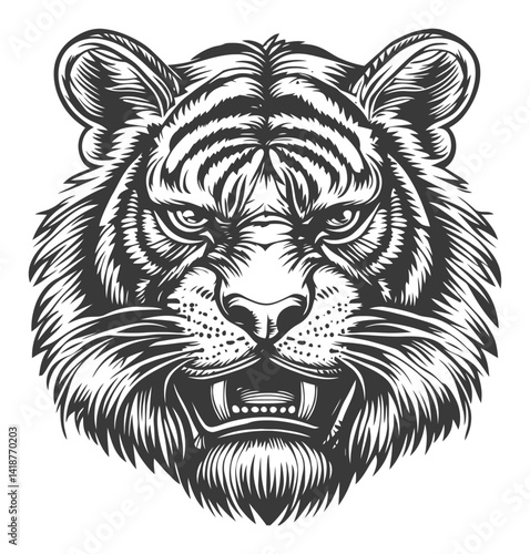Detailed Black and White Engraving of a Tiger Head Illustration