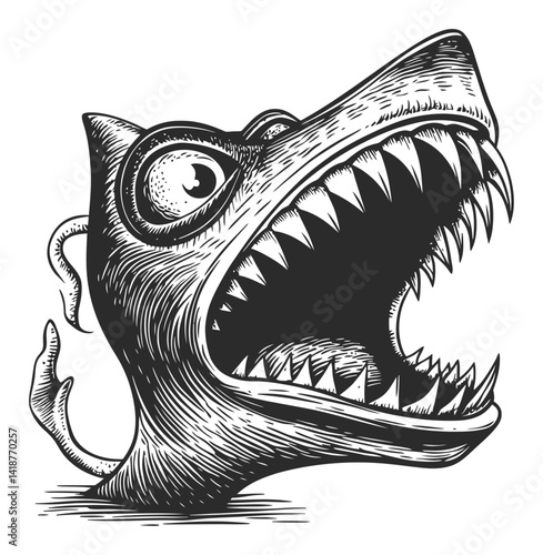 Intricate Engraving of a Mischievous Monster with Sharp Teeth