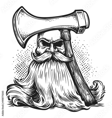 Detailed Vintage Woodcut Style Axe and Bearded Man Illustration