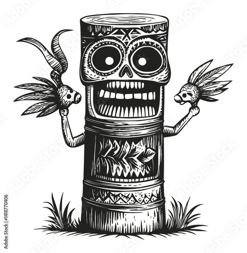 Engraved Tiki Figure with Skull Design and Tribal Elements