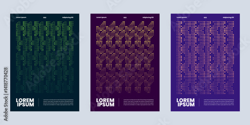 Postmodern vector with geometric pixel disintegration background,  set of posters symbols mosaic textures with abstract square particles for media digital, disintegration for figures dispersed dotted