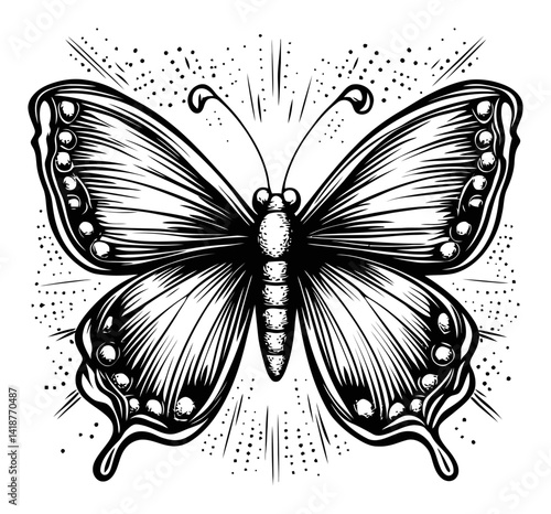 Detailed Butterfly Engraving with Artistic Lines and Patterns